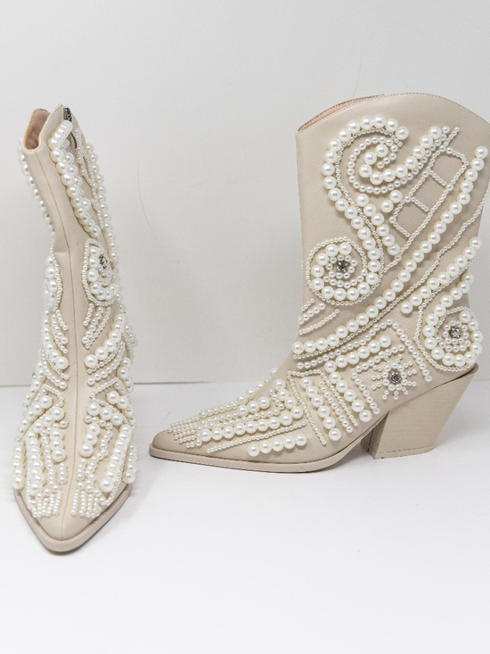 Azalea Wang Shoes - NEW Azalea Wang Belia Faux Vegan Leather Pearl Beaded Embellished Western Boots